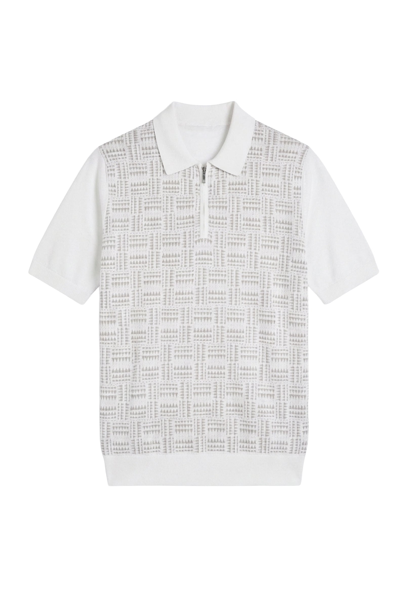 Polo à motif géométrique jacquard et zip en soie - Blanc & Gris