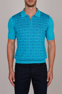 Polo à motif géométrique en soie - Bleu