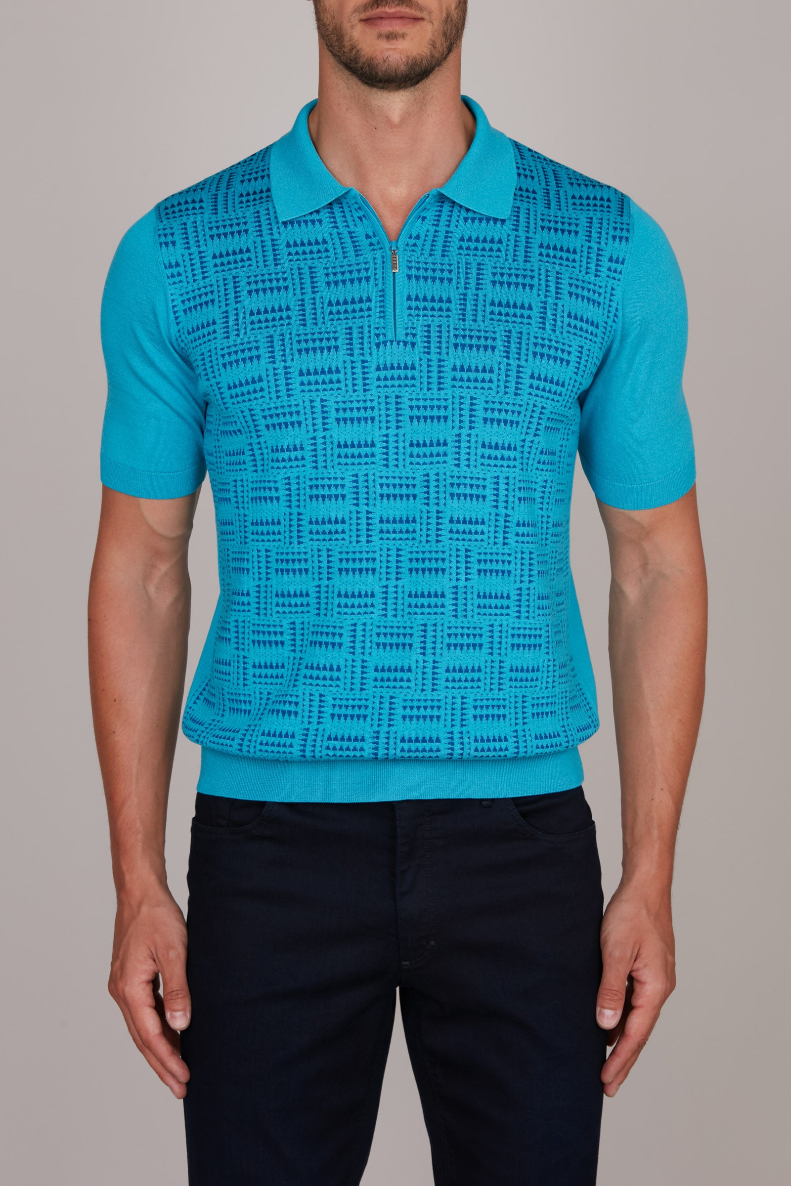 Polo à motif géométrique en soie - Bleu