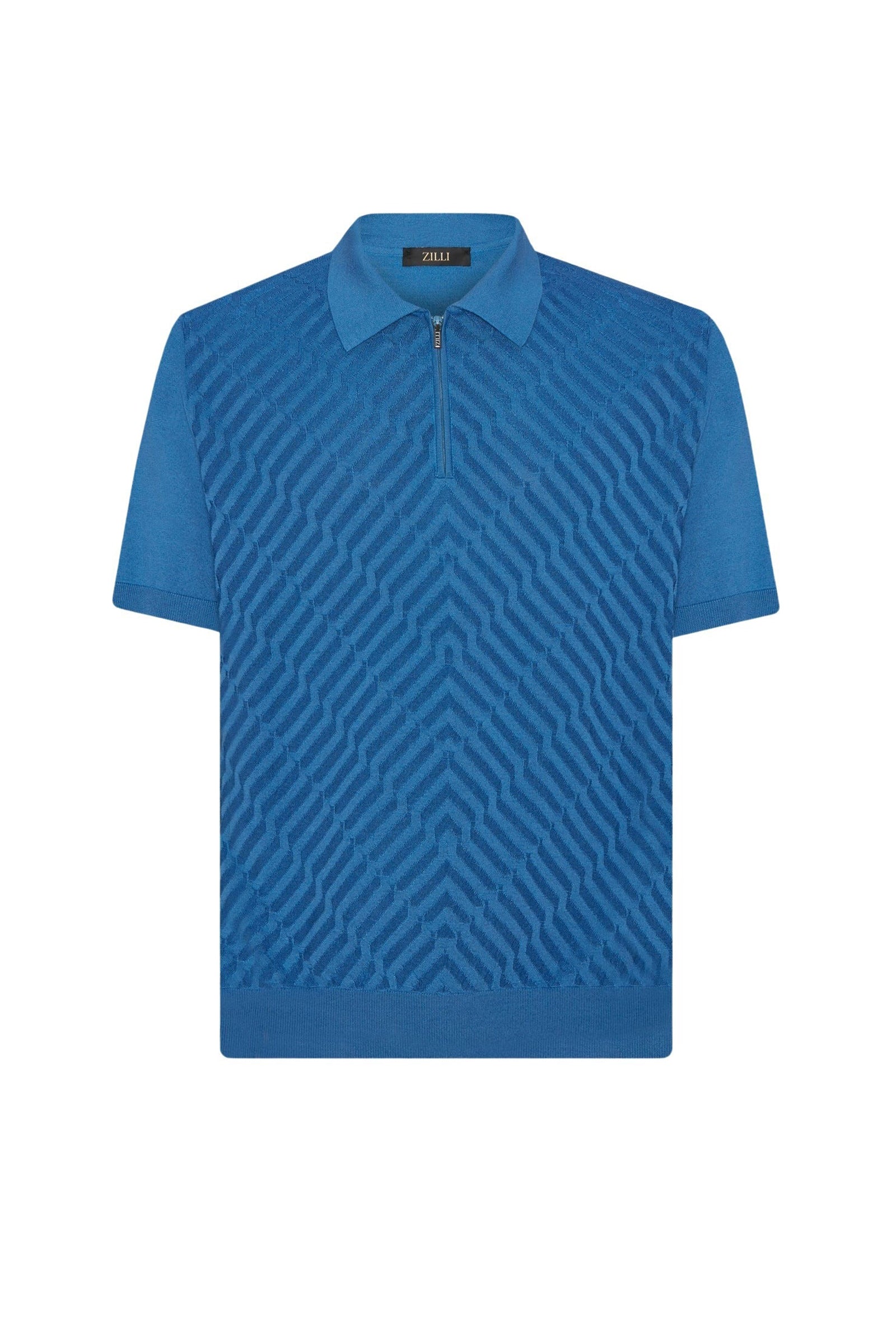 Polo à motif chevron texturé en soie mélangée - Bleu