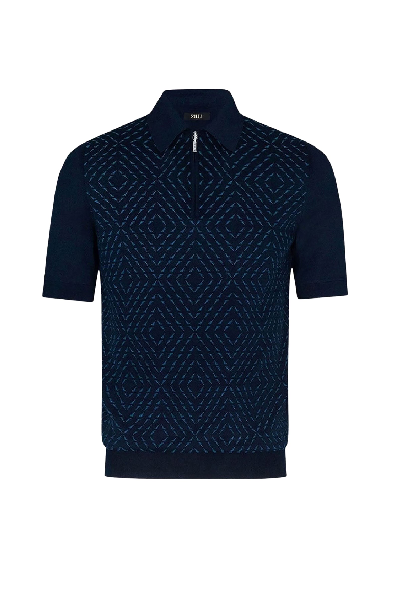 Polo à motif géométrique en soie mélangée - Bleu