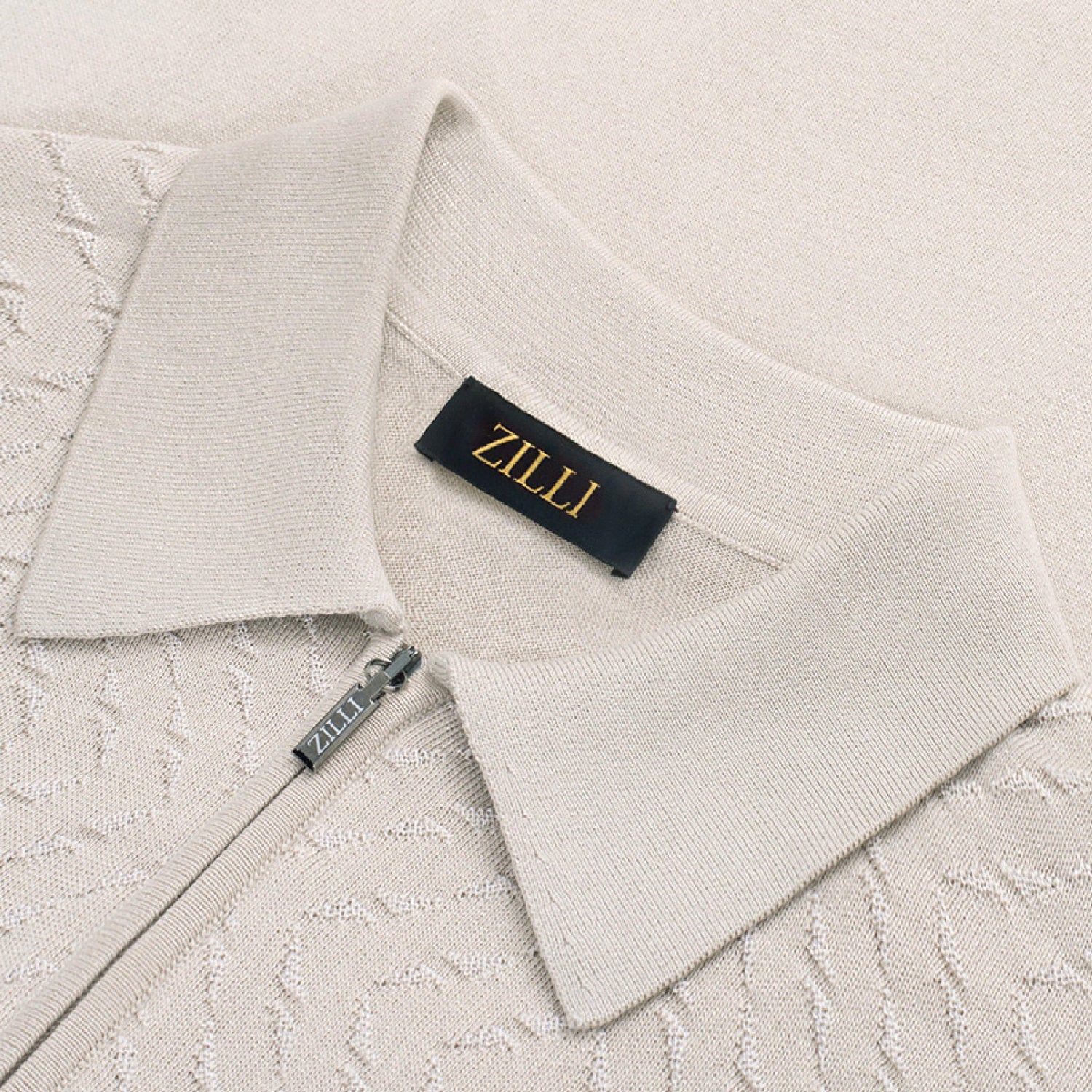 Polo zippé à motif jacquard en soie - Beige