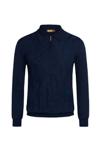 Textured cashmere and silk blend polo shirt with front zip - Blue