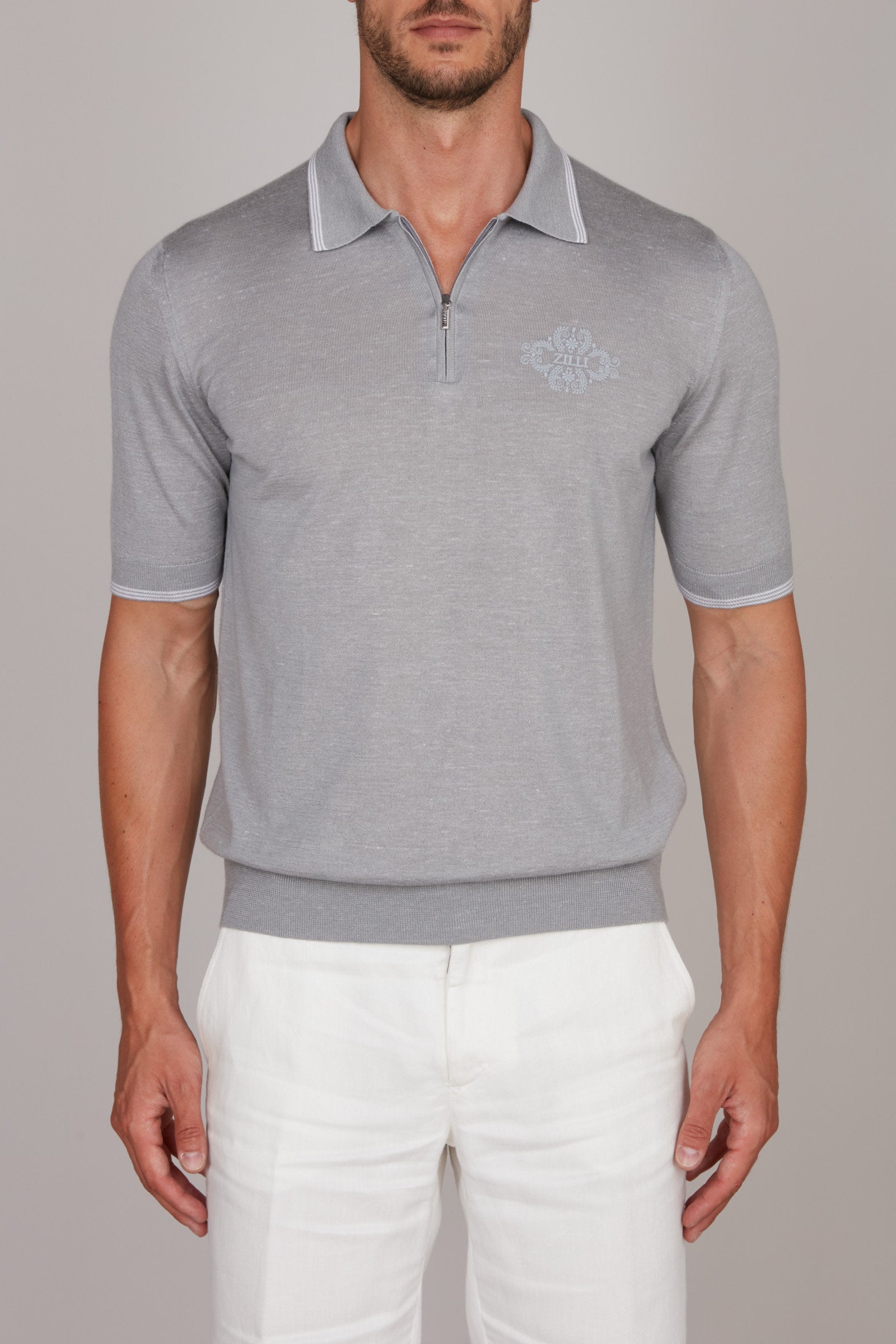 Polo zippé en cachemire et soie - Soft Grey