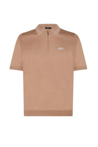 Polo à col rayé zippé et fermeture zippée en soie - Camel