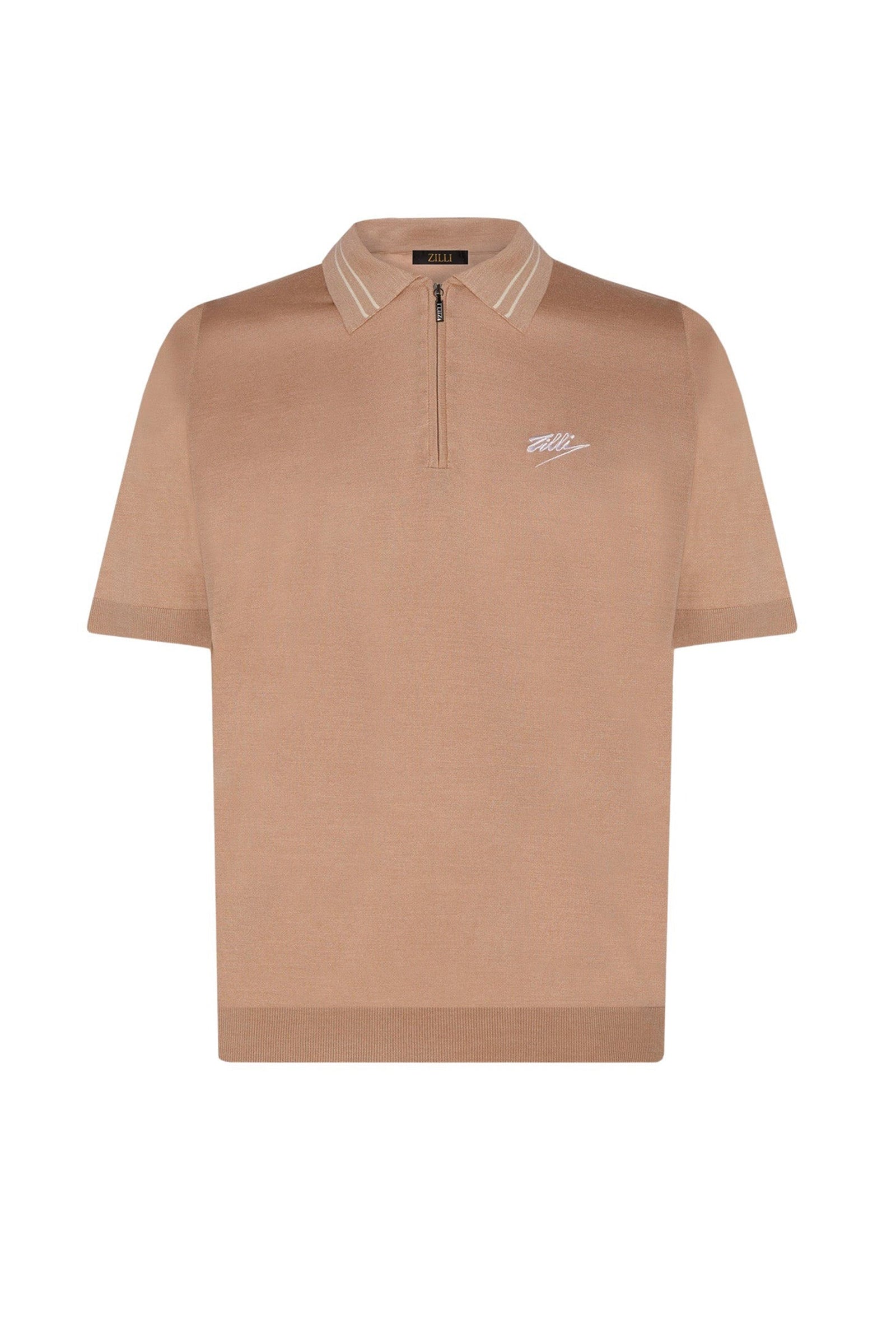Polo à col rayé zippé et fermeture zippée en soie - Camel