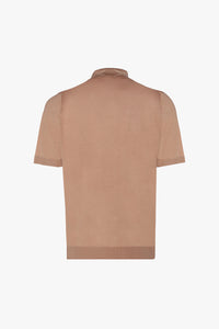 Polo à col rayé zippé et fermeture zippée en soie - Camel