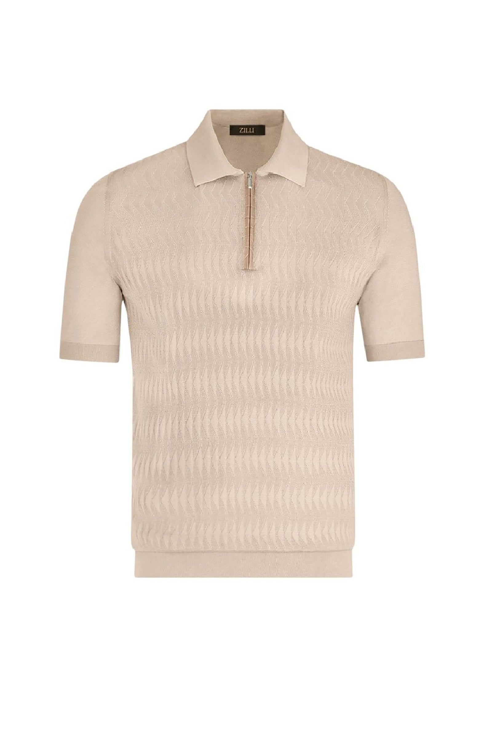 Silk textured knit zip polo shirt - Beige