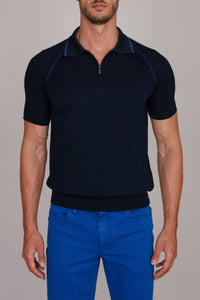 Polo shirt with textured sleeves and silk zip - Blue