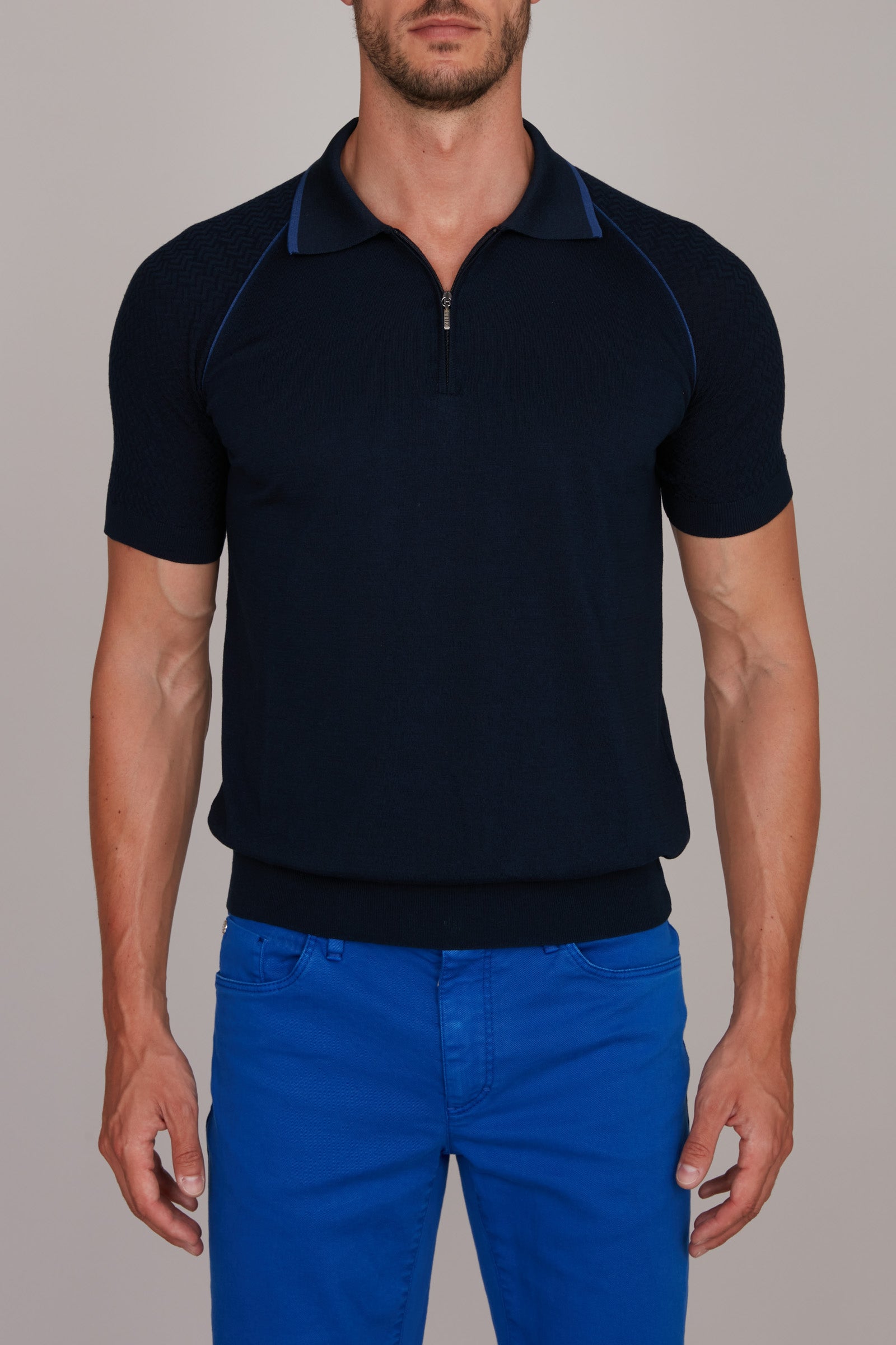 Polo shirt with textured sleeves and silk zip - Blue