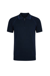 Polo shirt with textured sleeves and silk zip - Blue