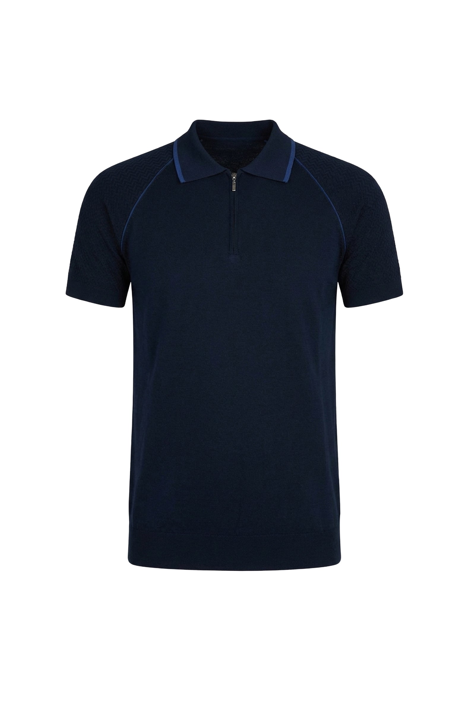 Polo shirt with textured sleeves and silk zip - Blue