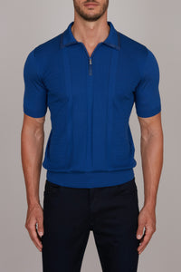 Polo zippé à motif de maille texturée en soie - Bleu