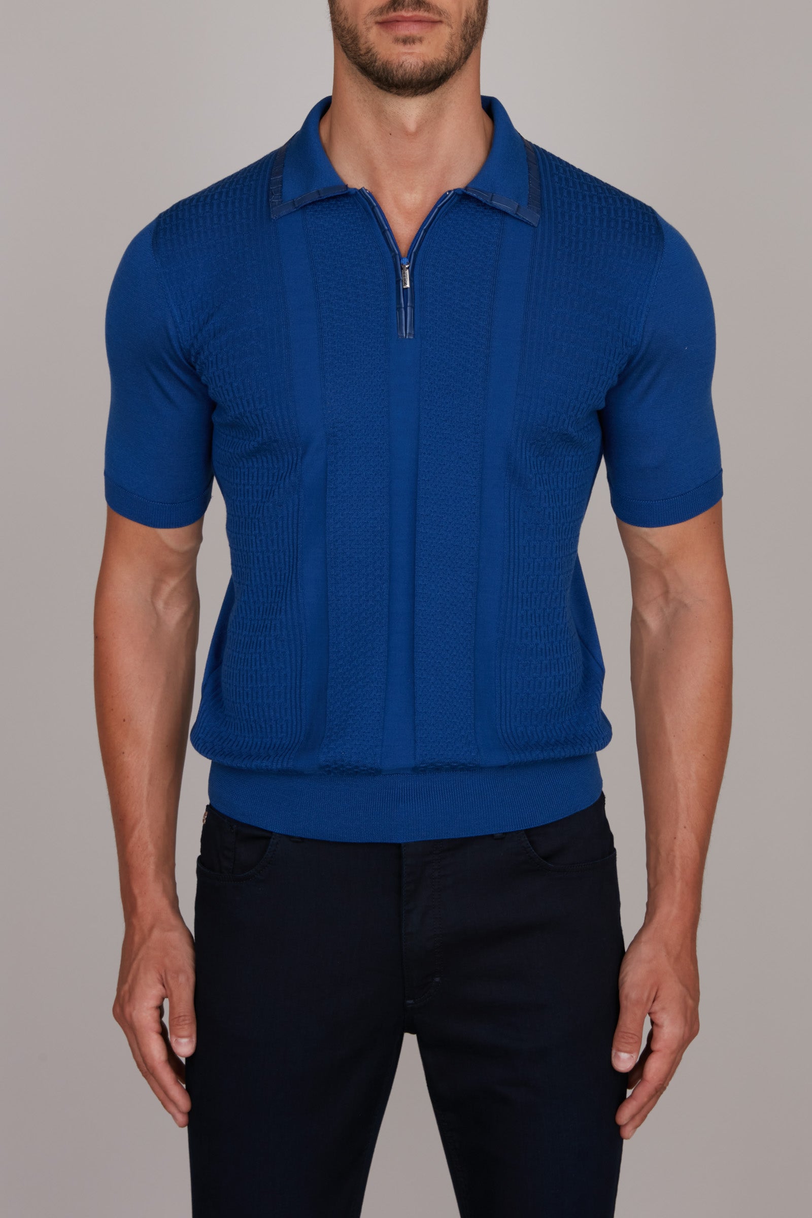 Polo zippé à motif de maille texturée en soie - Bleu