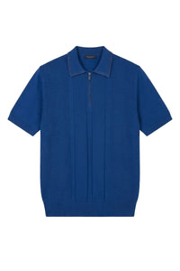 Polo zippé à motif de maille texturée en soie - Bleu