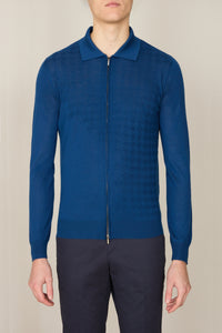Polo à col zippé et manches longues en cachemire - Oxford Blue