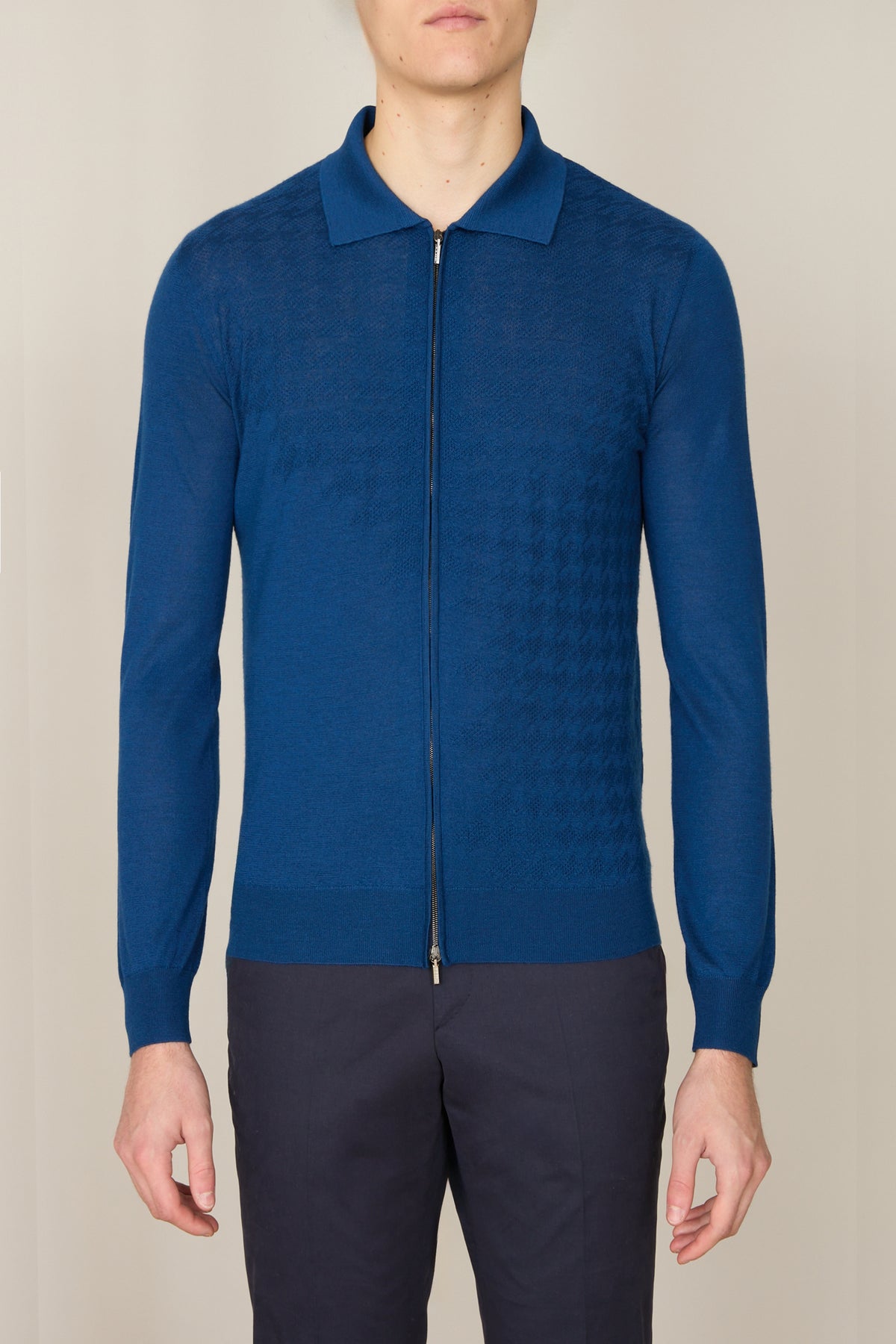 Polo à col zippé et manches longues en cachemire - Oxford Blue