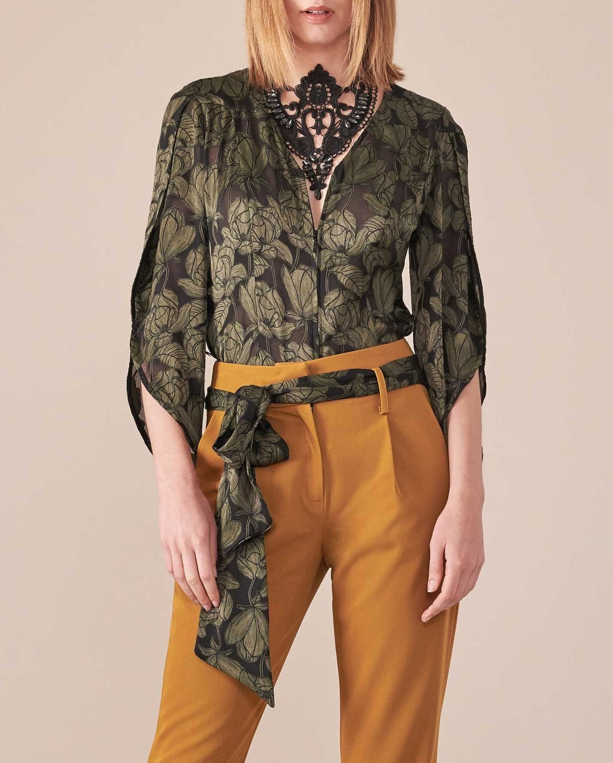 Blouse Laszlo à manches fluides à pétales - Lichen Gréen