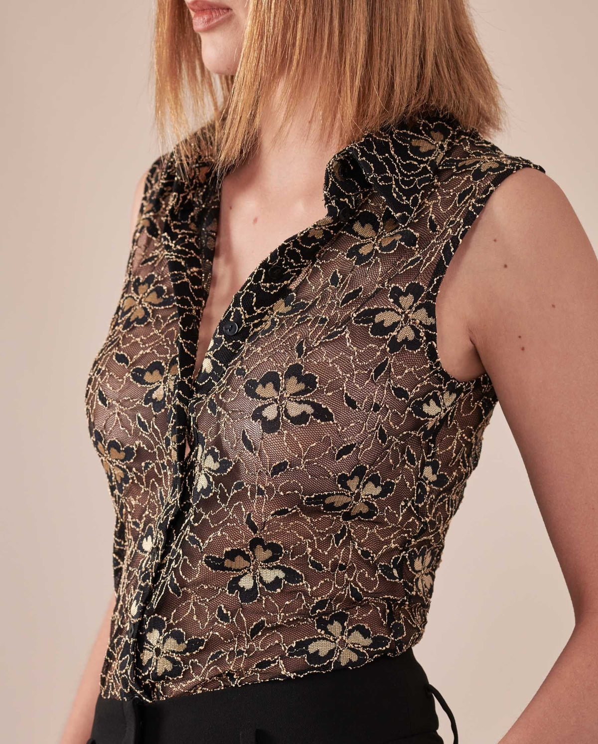 Chemise Laura sans manches en dentelle - Black