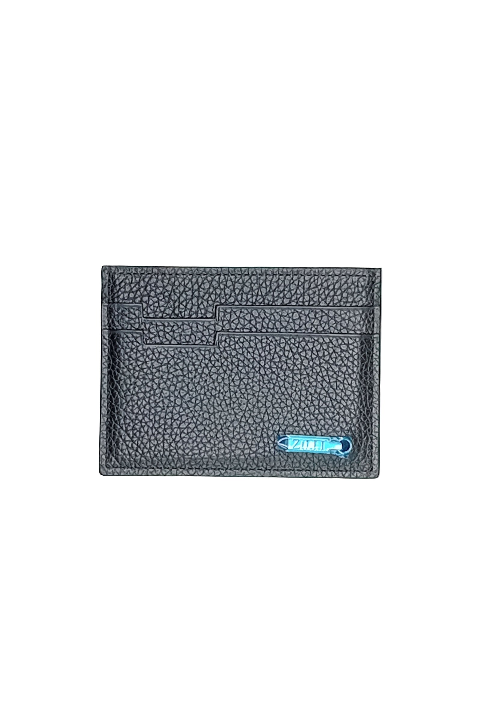 Porte-cartes métallique grainé en cuir - Noir & Bleu