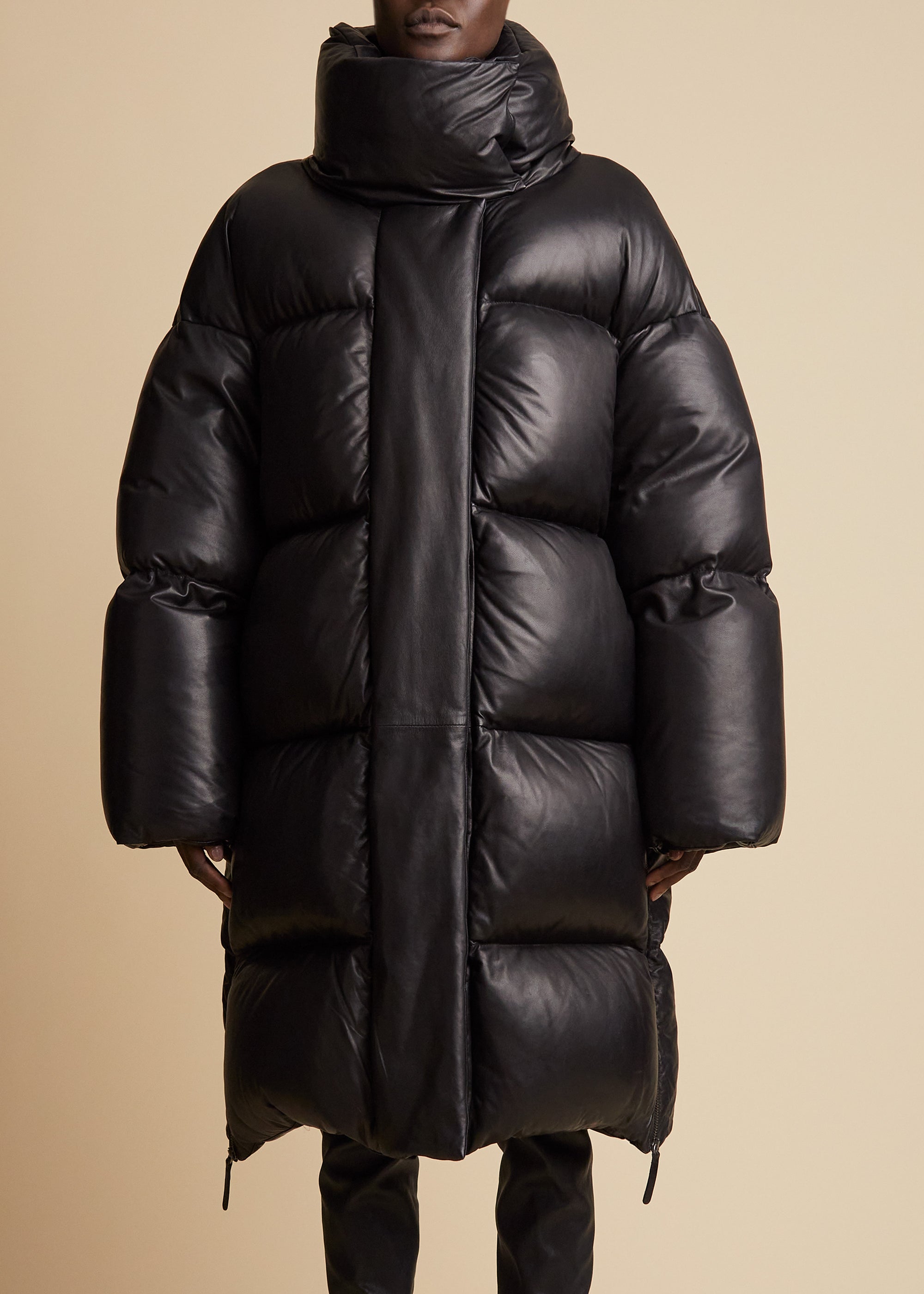 Leo puffer coat in leather - Black