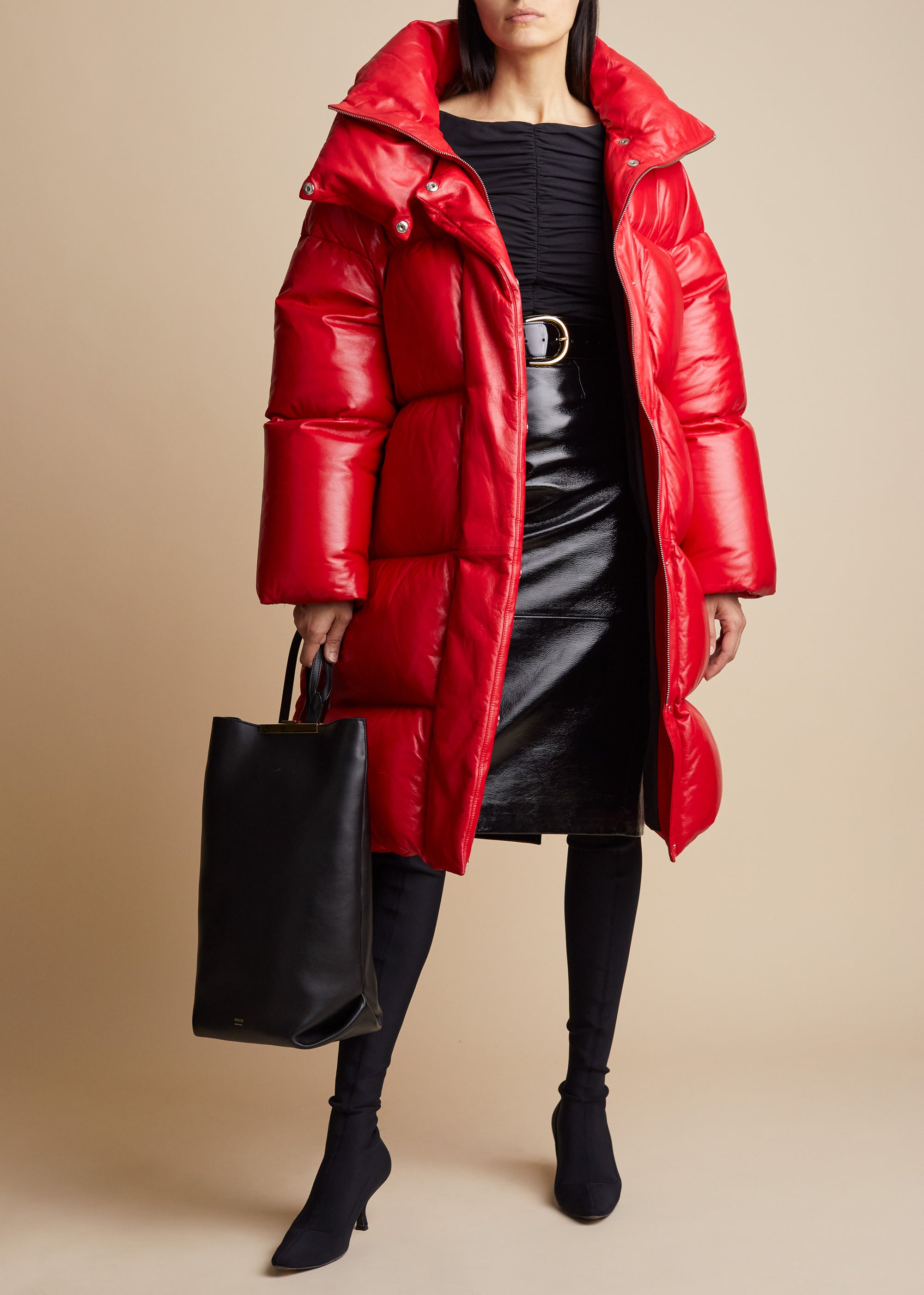 Leo puffer coat in leather - Red