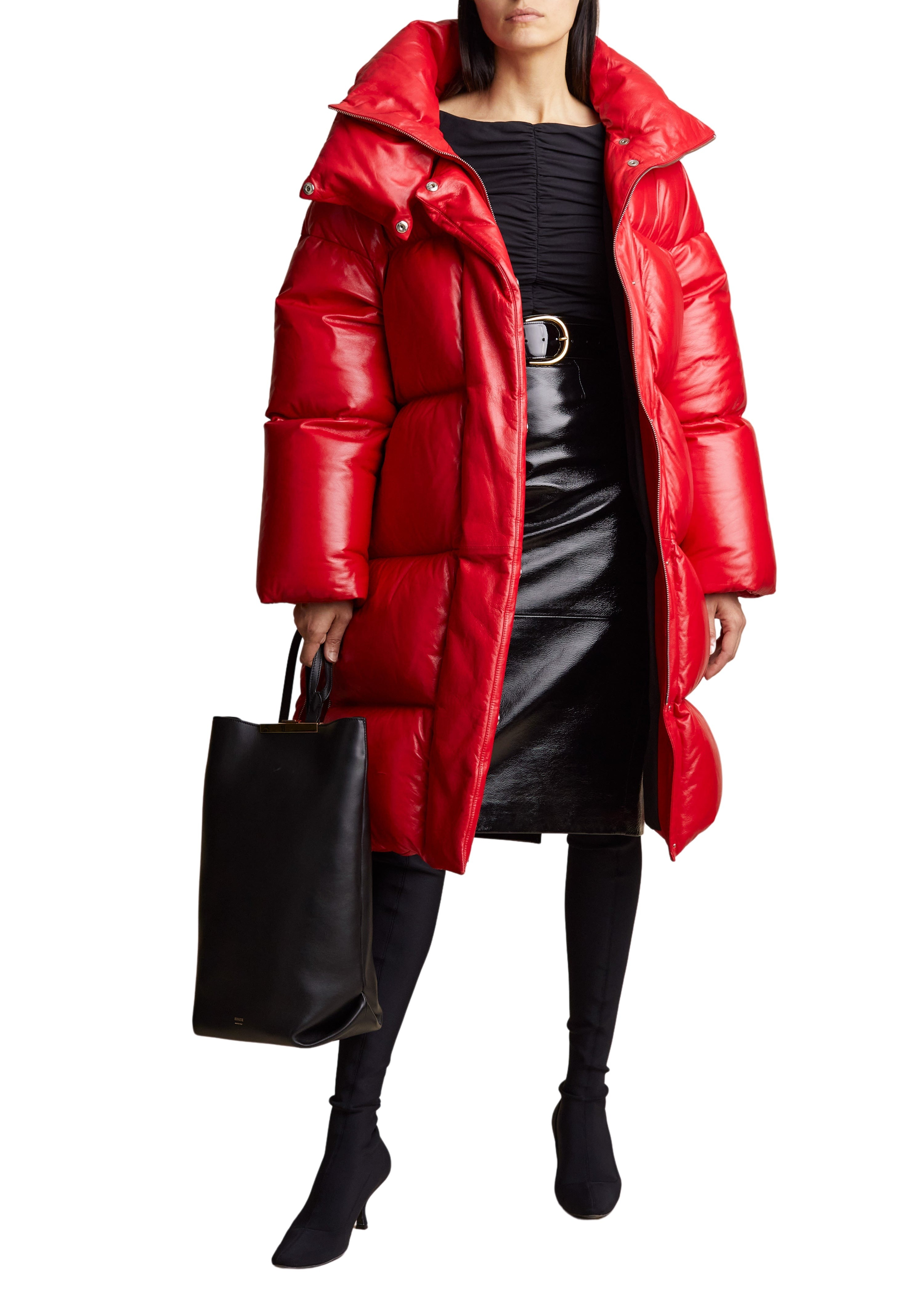 Leo puffer coat in leather - Red