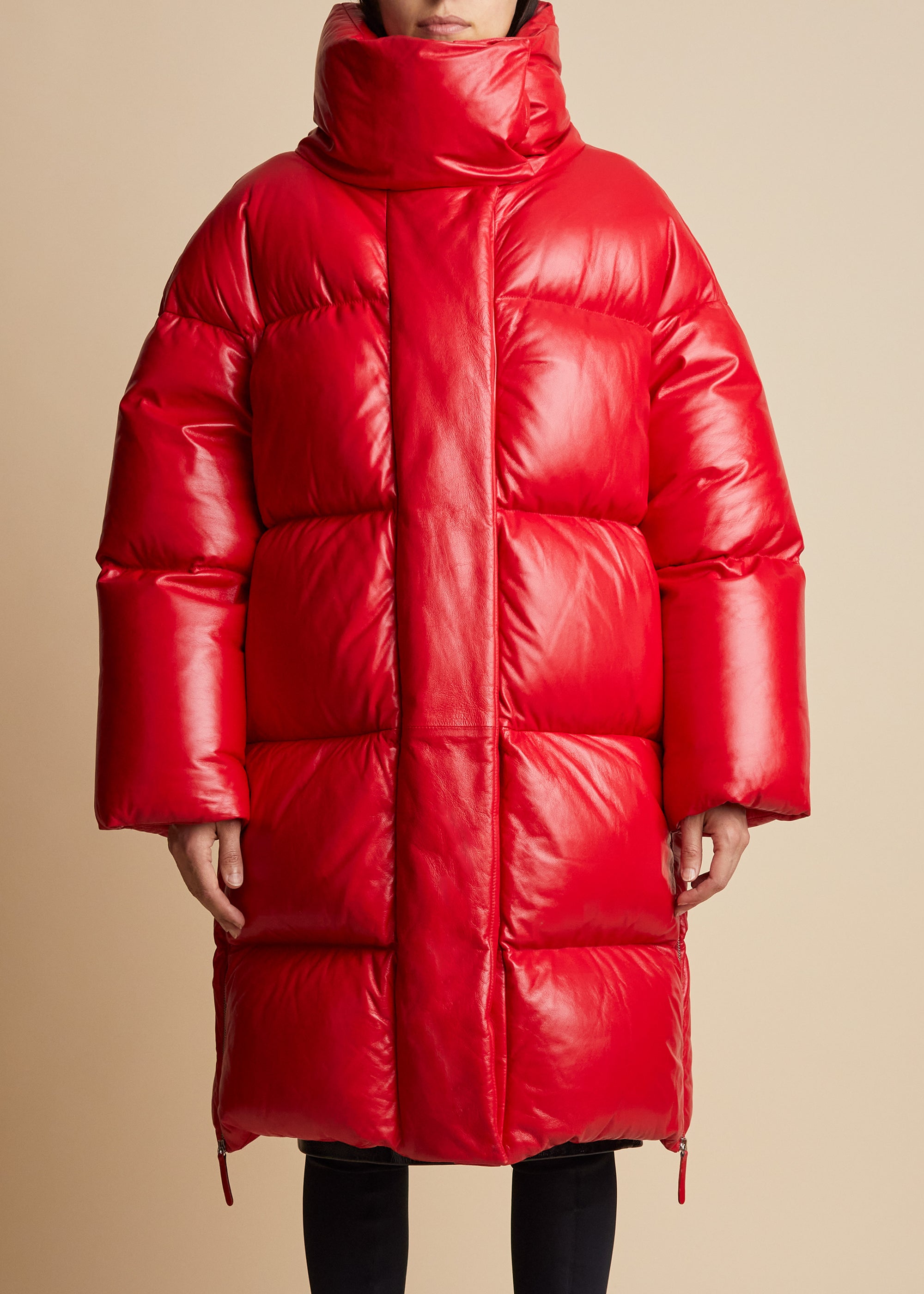 Leo puffer coat in leather - Red