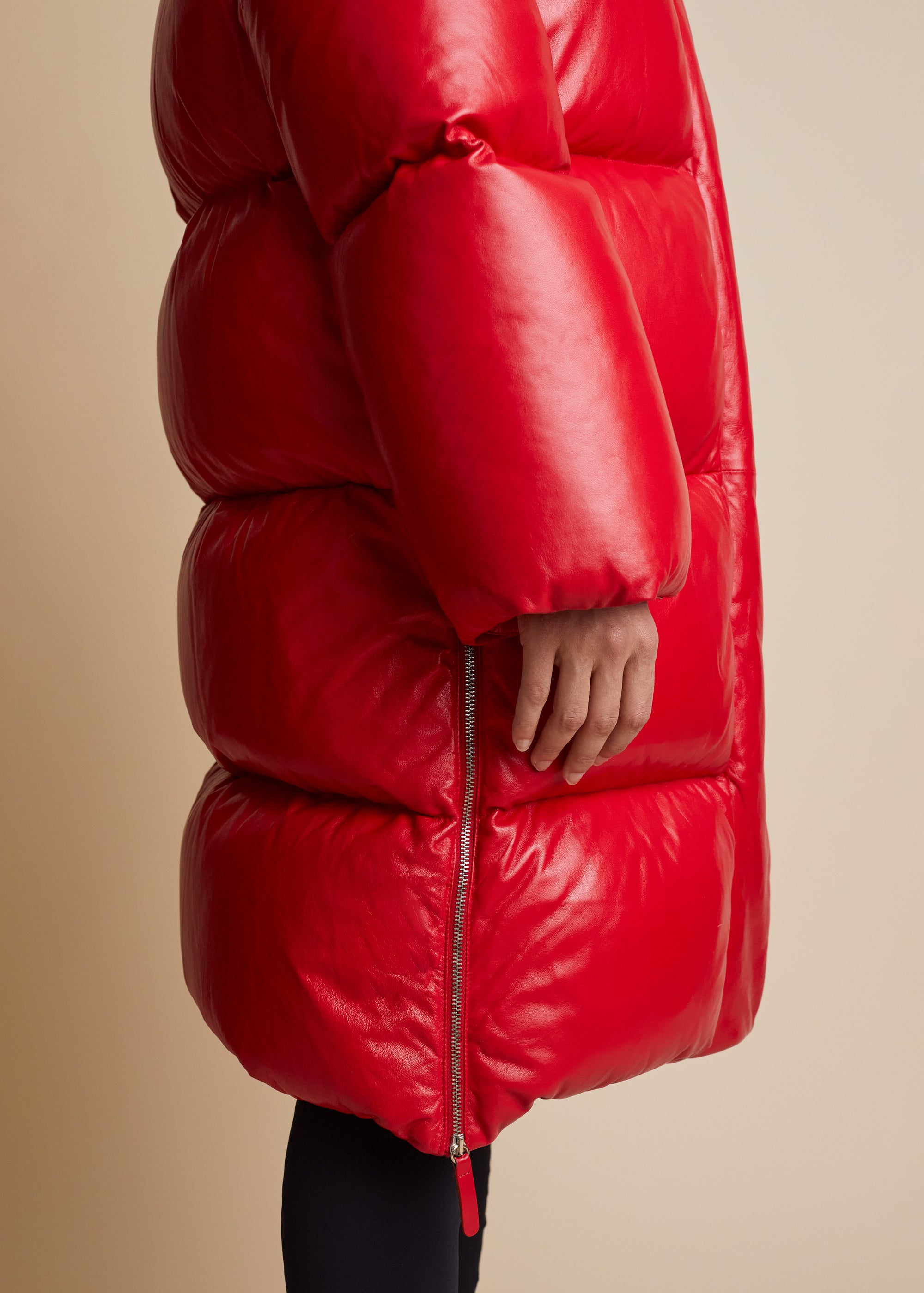 Leo puffer coat in leather - Red