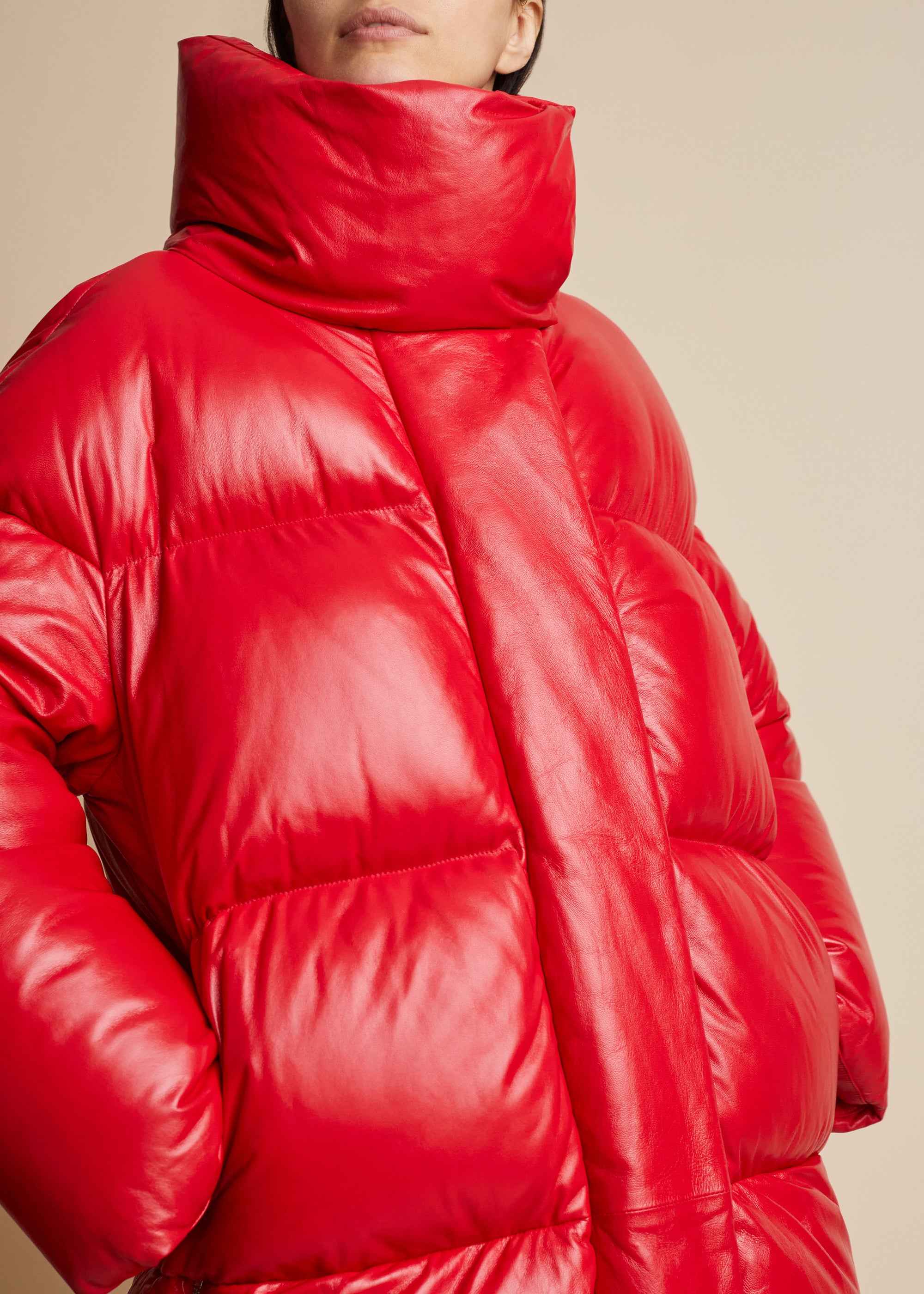 Leo puffer coat in leather - Red