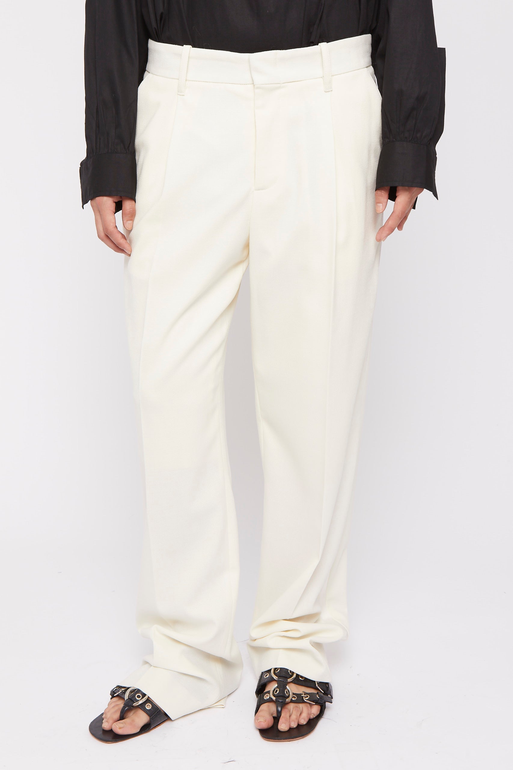 Pantalon Less coupe droite en laine - Ecru
