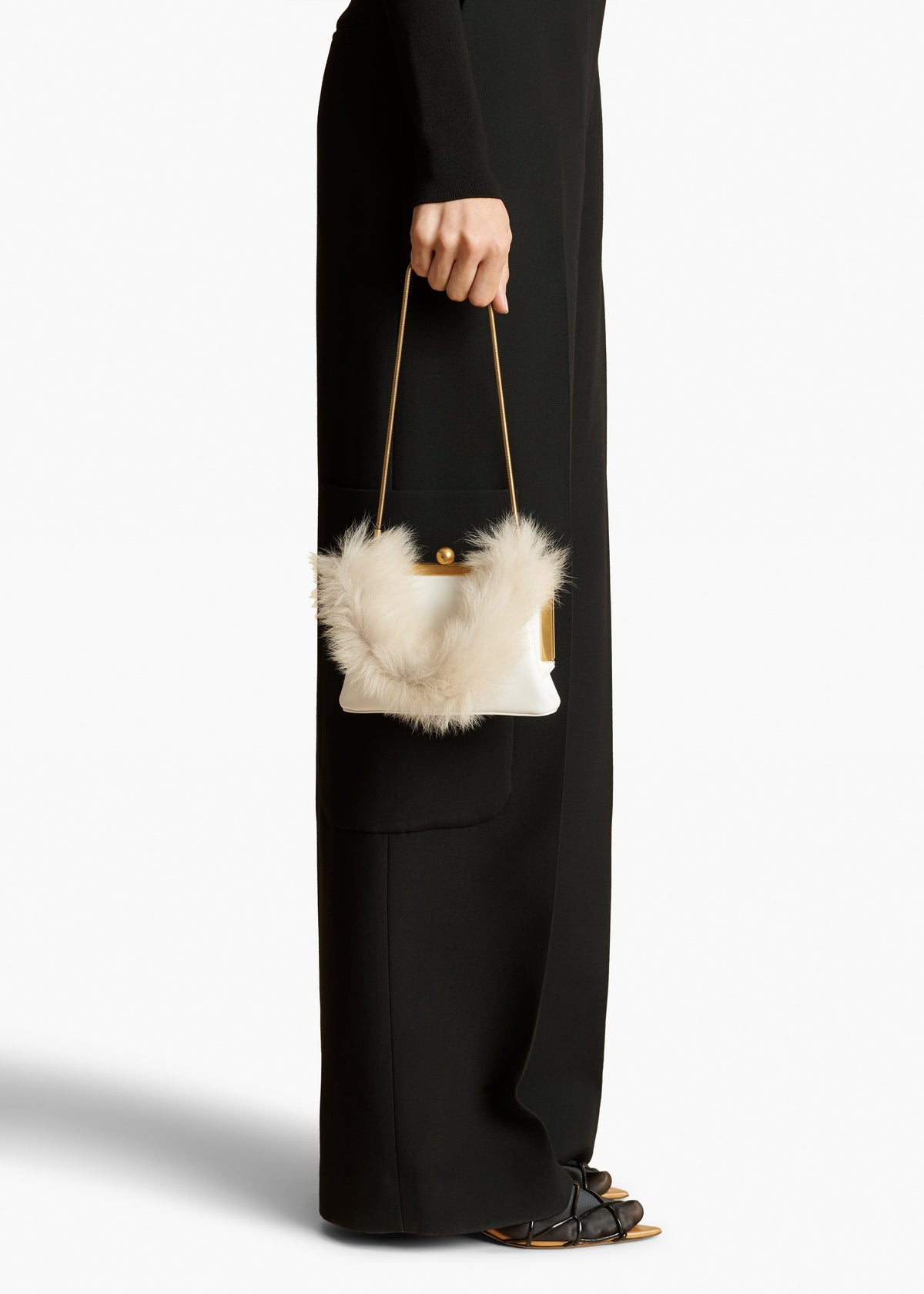 Optic White Small Lilith Evening Bag In Optic White Crackle Patent Leather With Shearling - Optic White