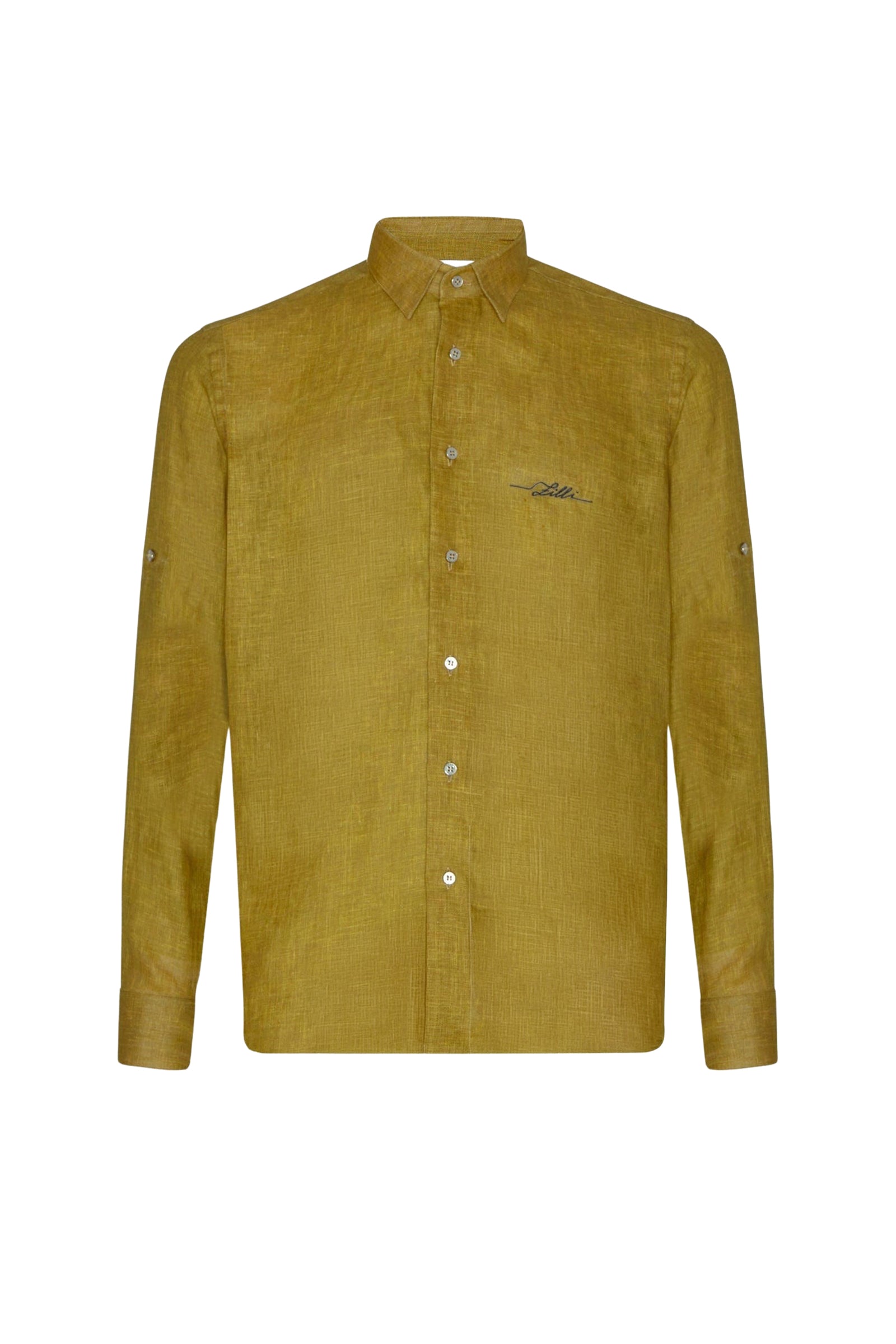 Chemise à broderie poitrine en lin - Vert kaki