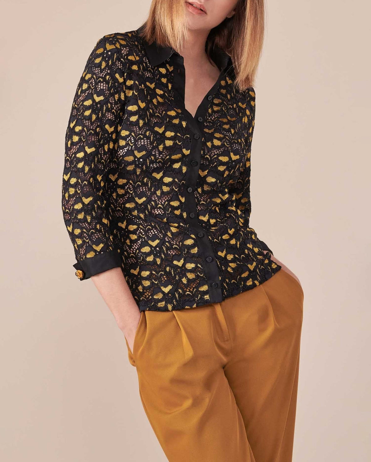 Chemise Lisaya en dentelle à manches longues - Safran