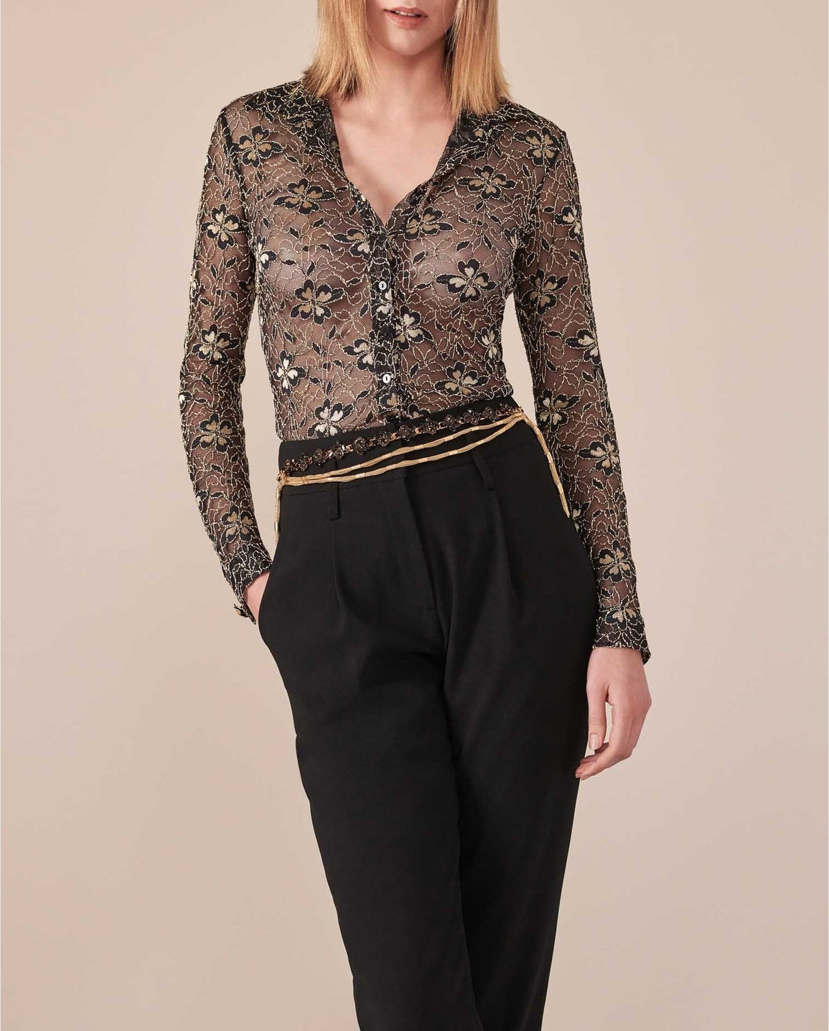 Chemise Lisboa en dentelle à manches longues - Black & White