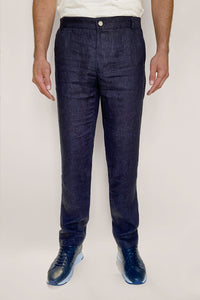 Pantalon droit à texture irrégulière en lin - Bleu