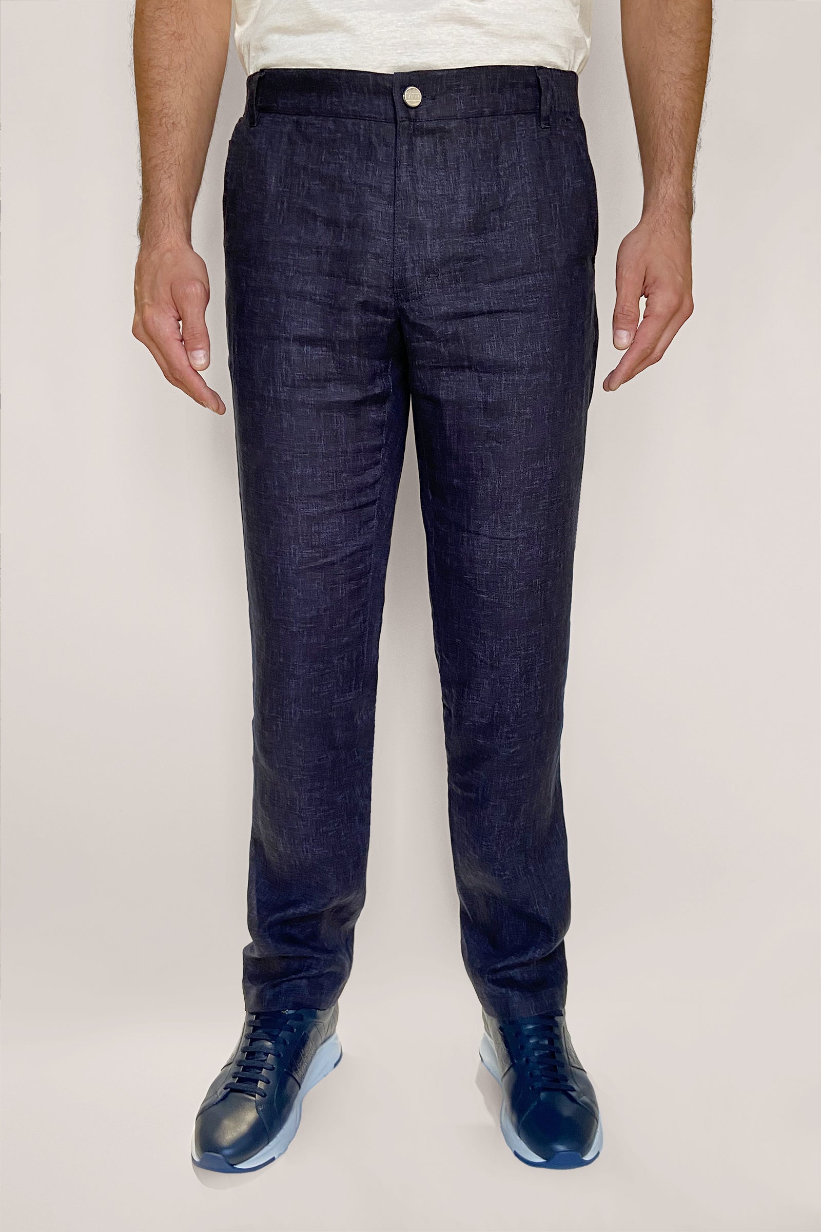 Pantalon droit à texture irrégulière en lin - Bleu