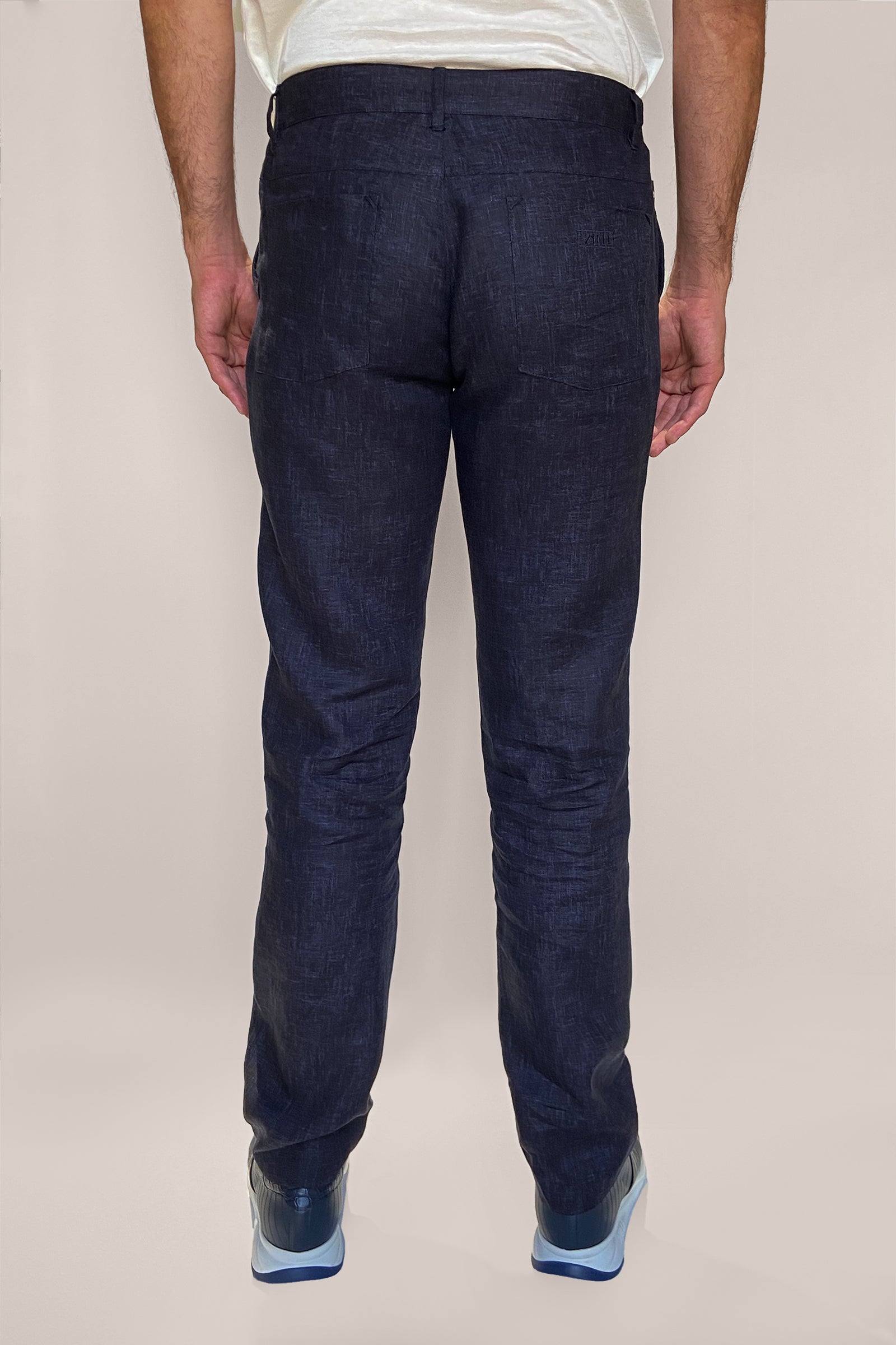 Pantalon droit à texture irrégulière en lin - Bleu