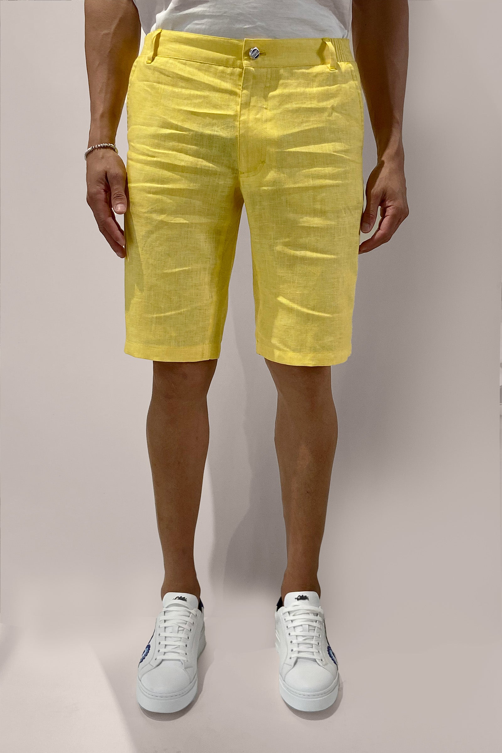 Short à ceinture élastiquée en lin - Jaune