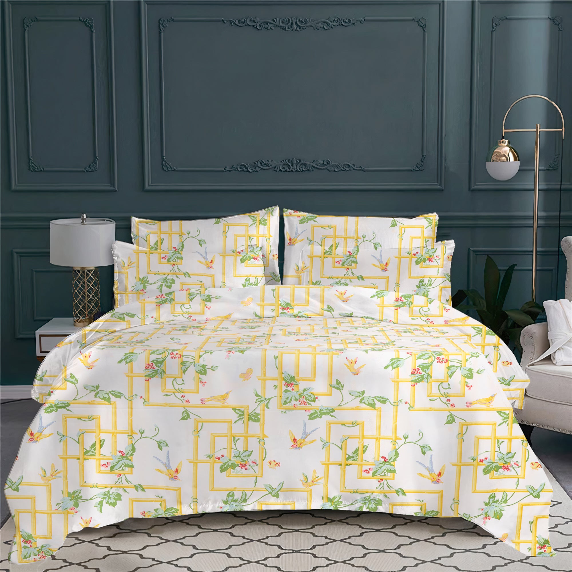 Housse de couette La vallée aux loups en percale de coton - Jaune & Vert