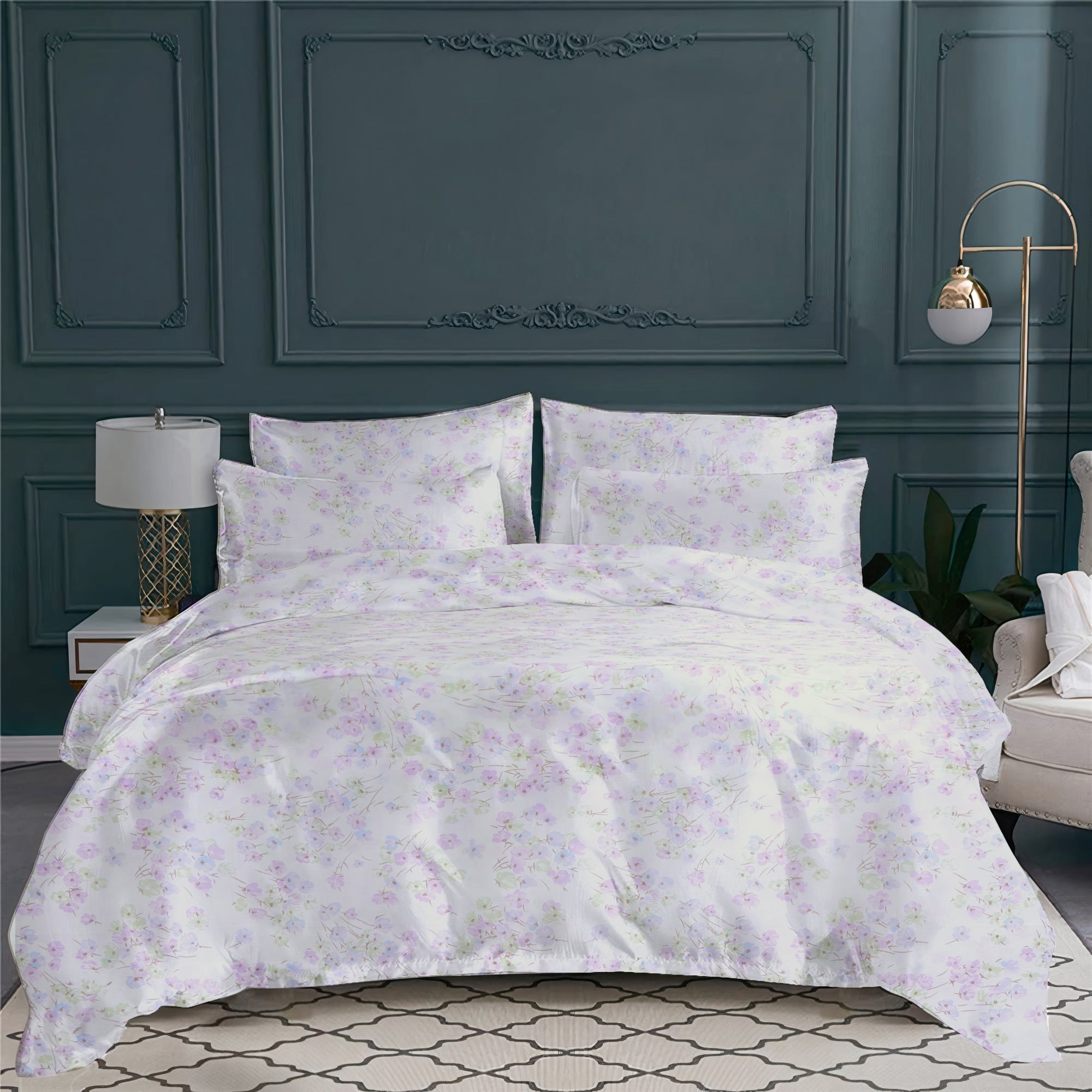 Taie d'oreiller Petites anémones en satin de coton - Lilas, Bleu & Vert