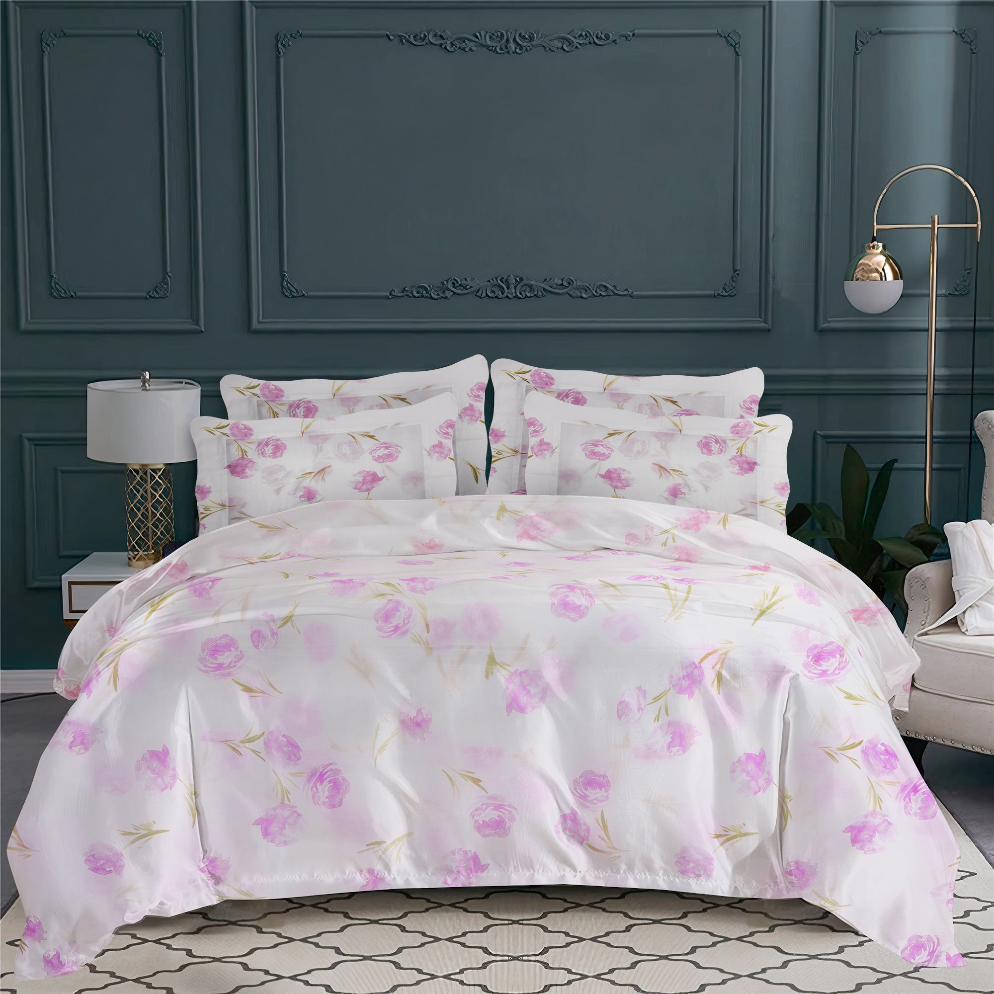 Taie d'oreiller Roses Déco en voile de coton - Rose & Vert