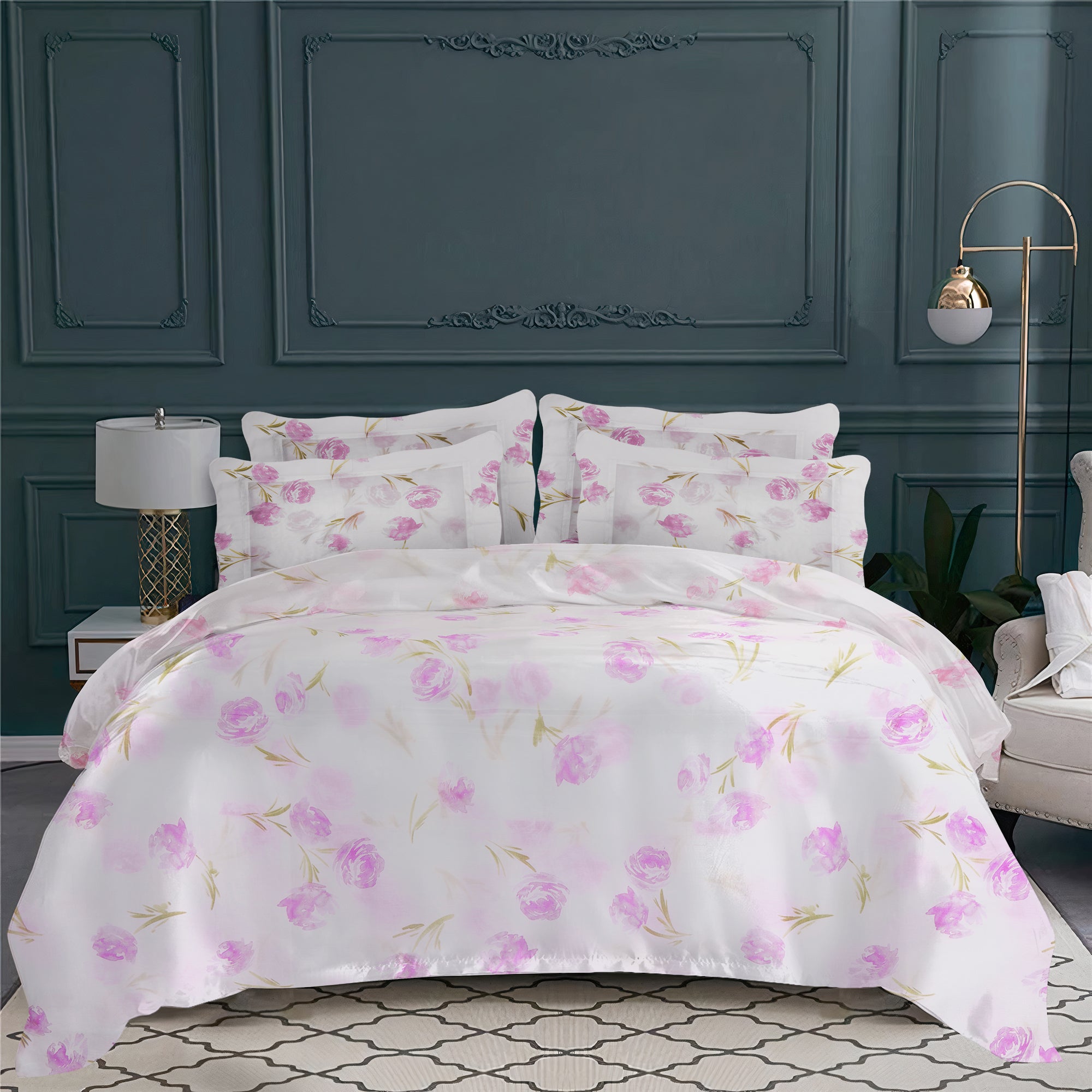 Housse de couette Roses Déco en voile de coton - Rose & Vert