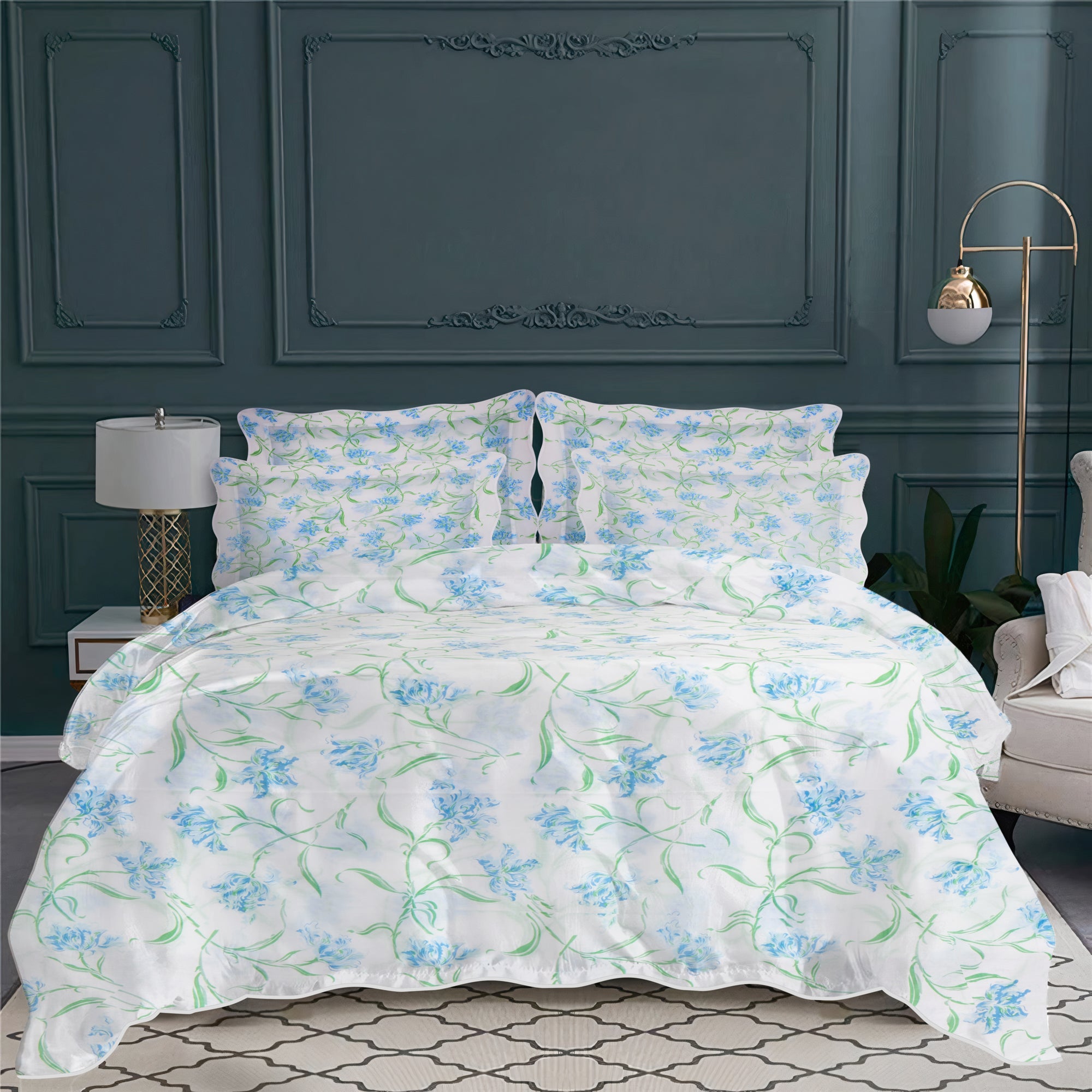 Taie d'oreiller Tulipe perroquet en voile de coton - Bleu & Vert
