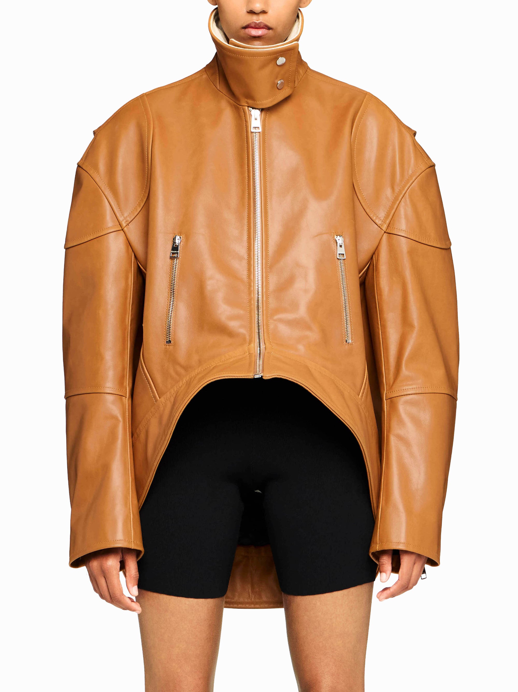 Veste à col haut en cuir - Tan