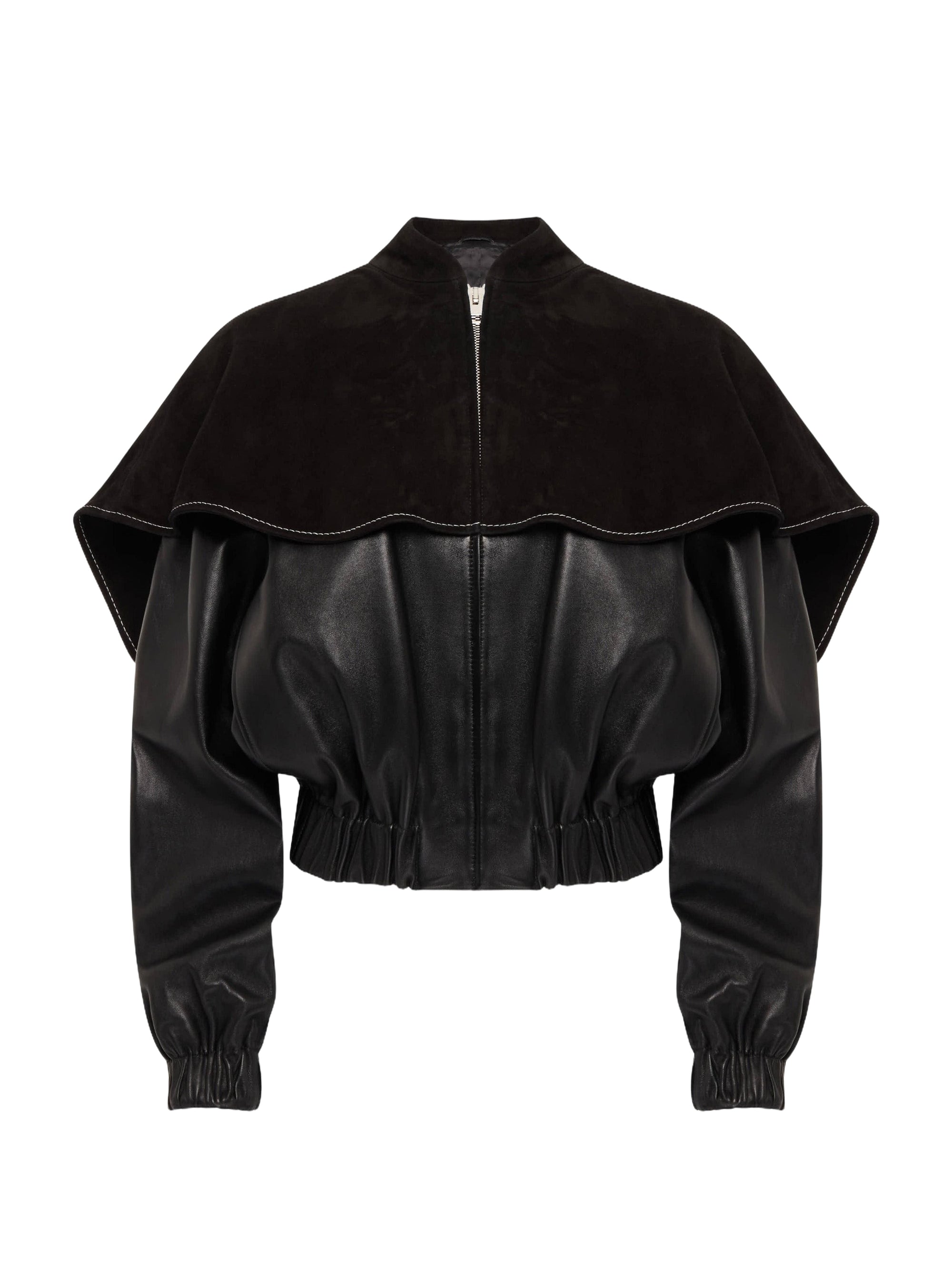 Veste bomber à col parapluie en cuir - Black