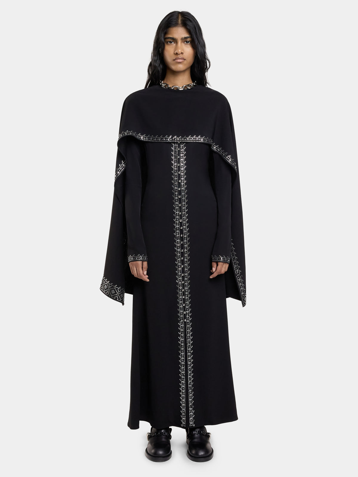 EMBELLISHED LONG DRESS IN SATIN CREPE