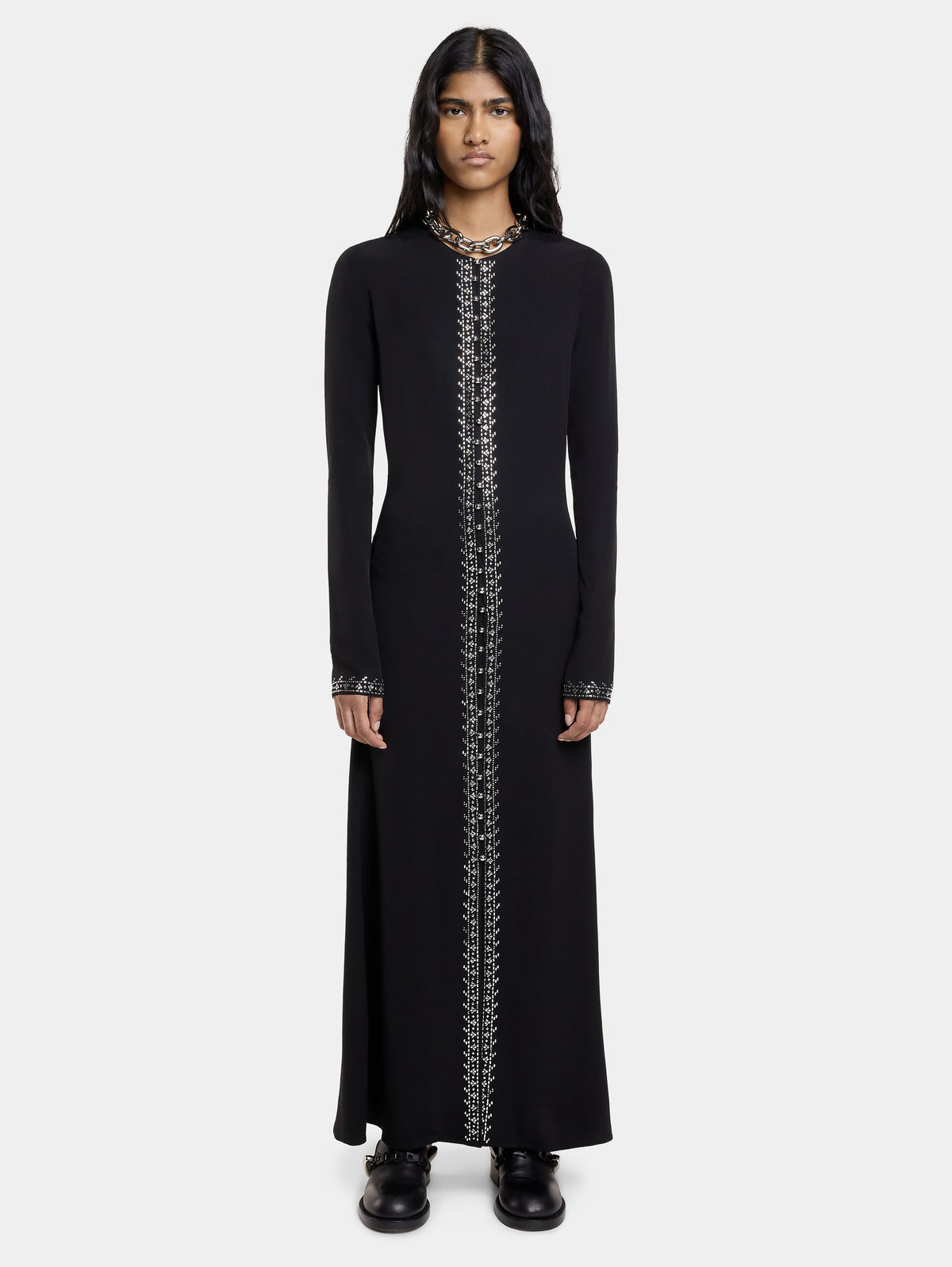 EMBELLISHED LONG DRESS IN SATIN CREPE