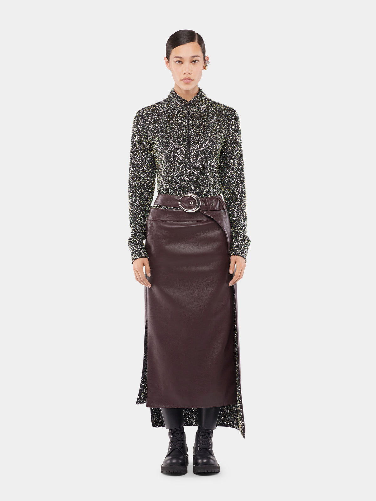 Double layer midi skirt in fake leather