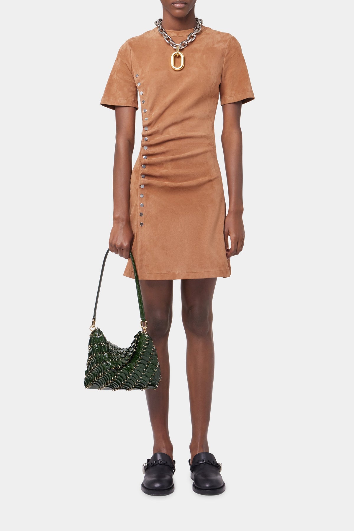 Robe drapé pression en daim  - New Caramel